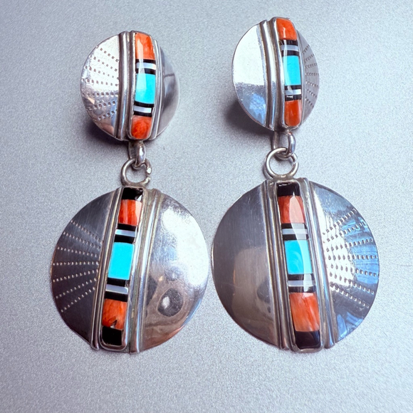 Jewelry - Native American Zuni Turquoise Coral Inlay Round Dangle Sterling Silver Earrings